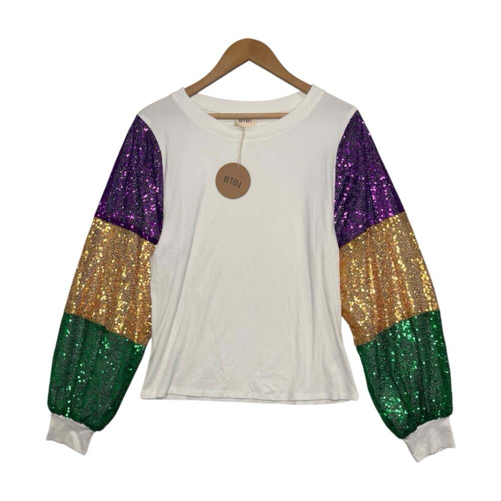 Bibi Top Womens XL White Mardi Gras Sequin Long Sleeve Festival New Orleans NOLA